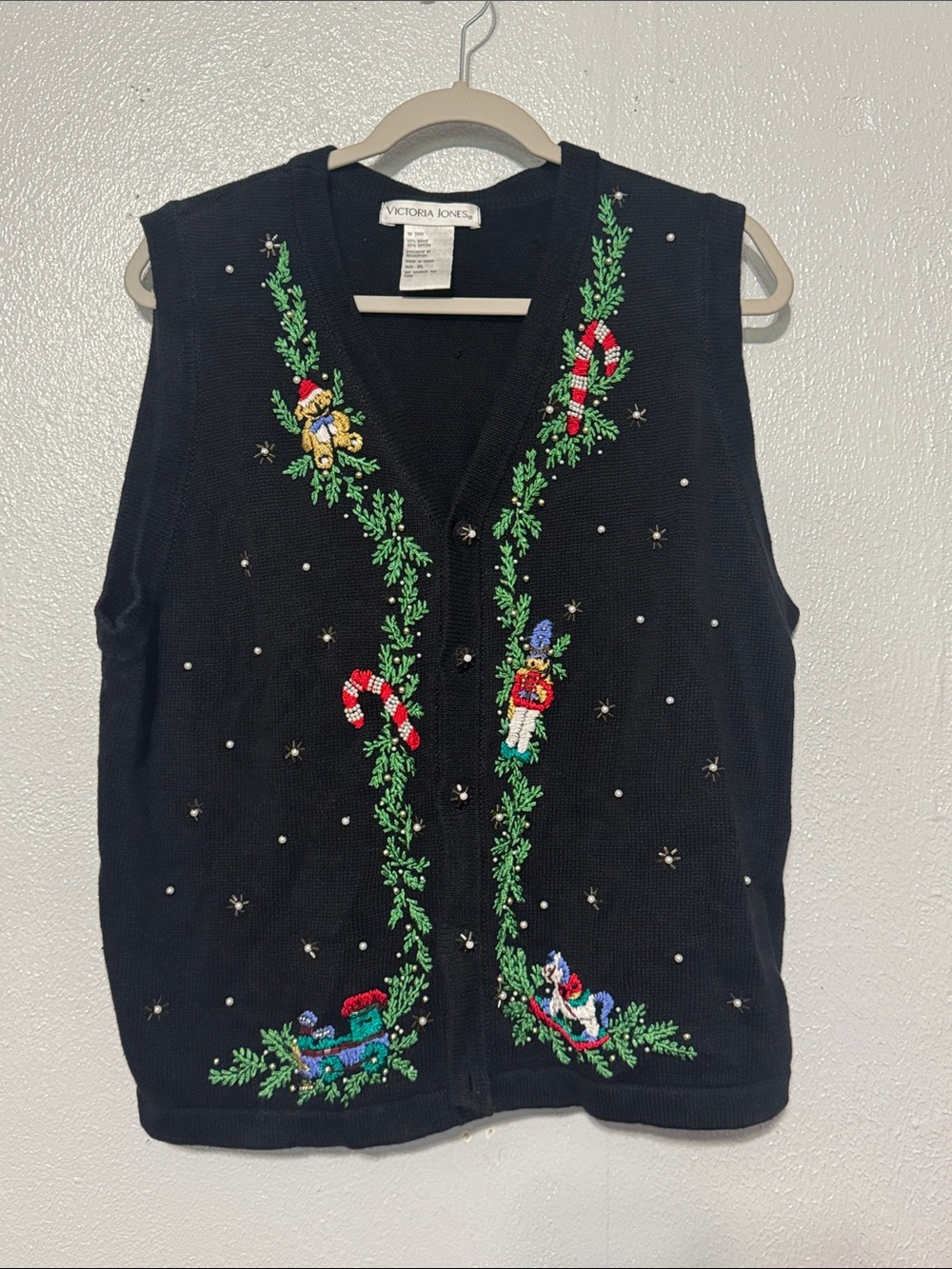 Vintage Victoria Jones Christmas Beaded Sweater Vest Black Nutcracker Shacker XL